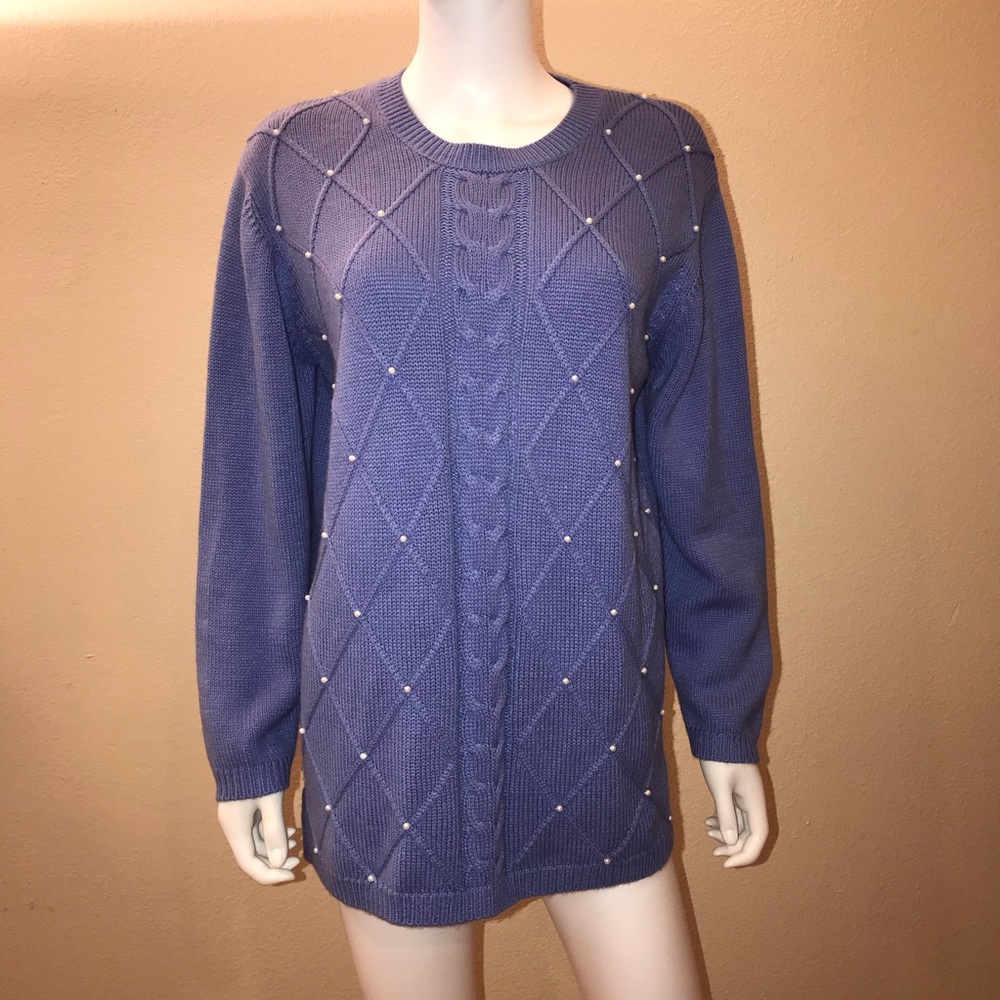 Vintage 80s Cynthia Taylor Sweater Size L Blue Faux Pearl Coquette Soft Girl